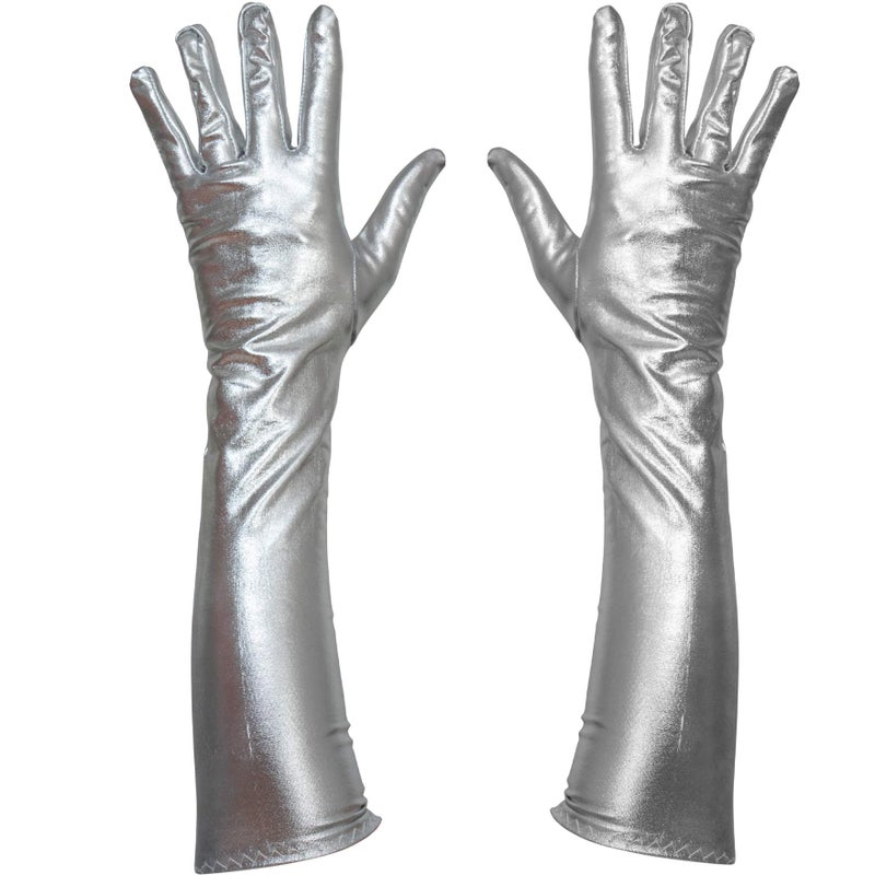 Skeleteen Silver Metallic Opera Gloves - Roaring 20's Fancy Flapper Elbow Evening Gloves Accessories for Women and Girls - Image 2